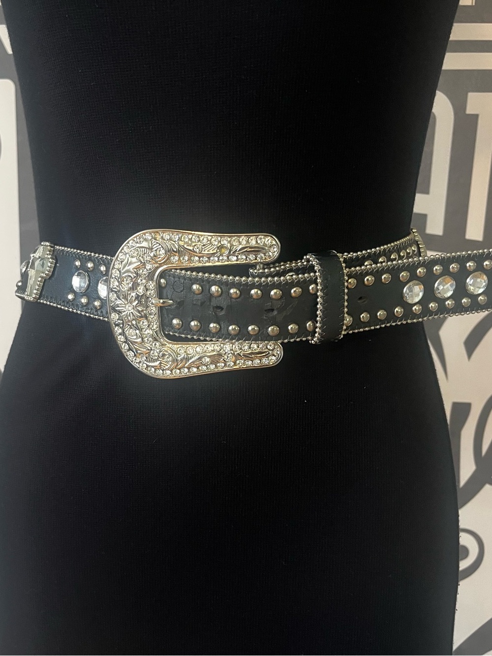Y2K Western Rhinestone Buckle Black Studded Belt with Cross